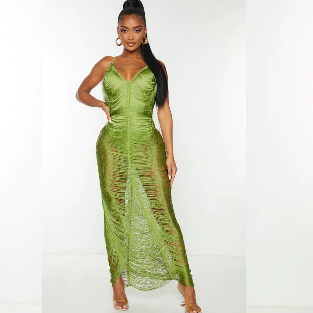 Pretty Little Thing Green Fringe Midaxi Dress